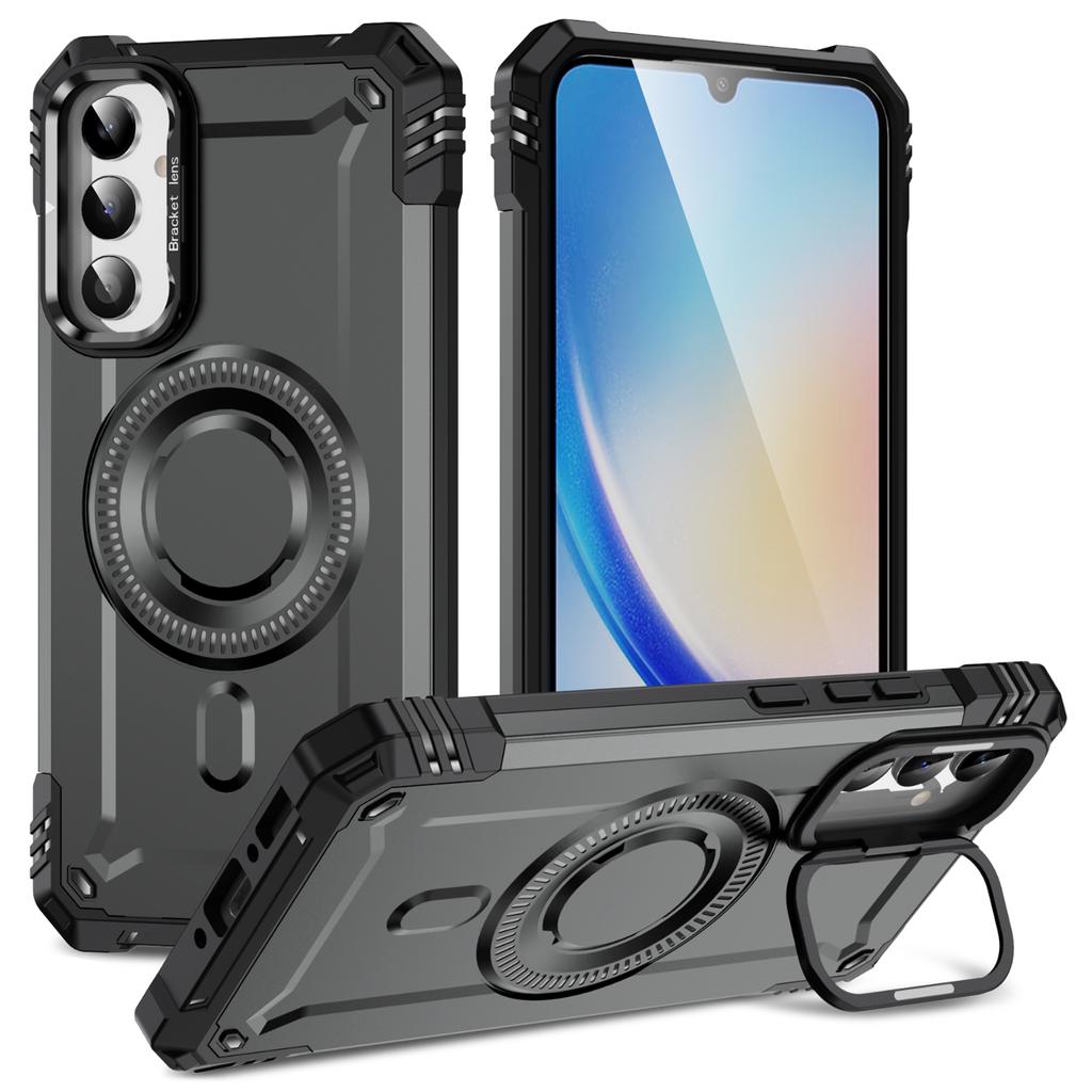 For Samsung Galaxy A25 5G (Global) (161.0mm) Case Compatible with MagSafe Metal Lens Frame Kickstand PC+TPU Mobile Cover
