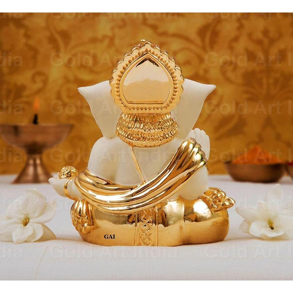 Poly Resin Golden Off White Ganesh Idol for Car Dashboard Small Ganesha Murti Ganpati Idol for Home Decor Puja Lord Ganesh Statue Gift