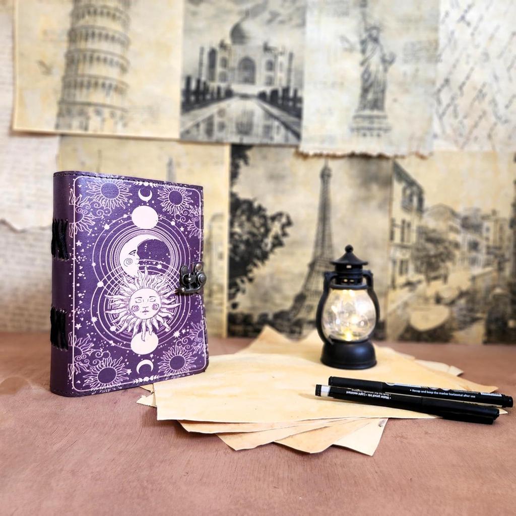 Vintage Sun Moon Leather Journal Handmade 200 Deckle Edge Pages C-Lock