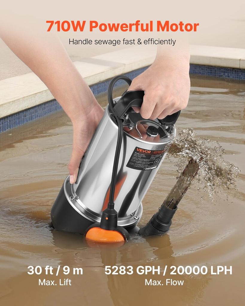 710W Submersible Sump Pump, 20000 L/H, Stainless Steel Submersible Sewage Dirty Clean Water Pump with Automatic Float Switch, Long Cord, 9M Max Lift,