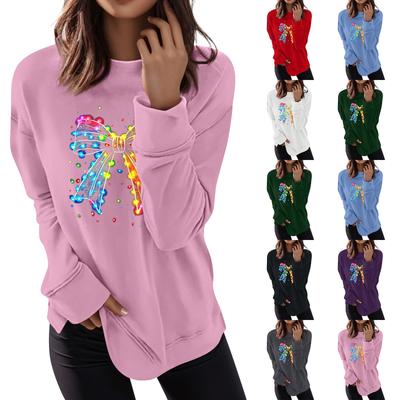 Женская мода повседневная рождественская бантовая печать круглый вырез топ