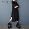 Large Size Spring Summer Women Black Midi Split Dress O Neck Casual Loose Party Dress Flare Sleeve Beading Stylish Chic Dress