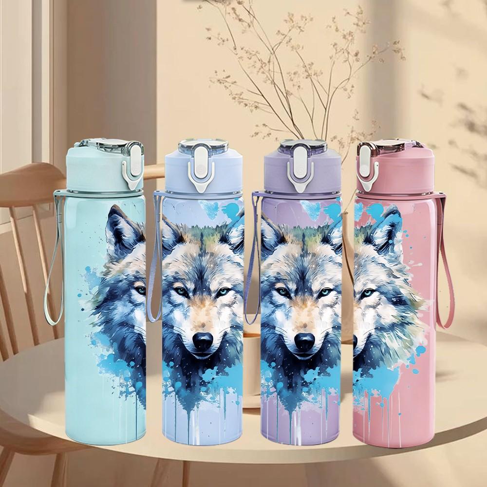 1PC Blue Watercolor Wolf Wild Animal Print 750ml Color Plastic Sports Water Bottle Leakproof Flip Straw Lid Suitable for Sports Office Home Use