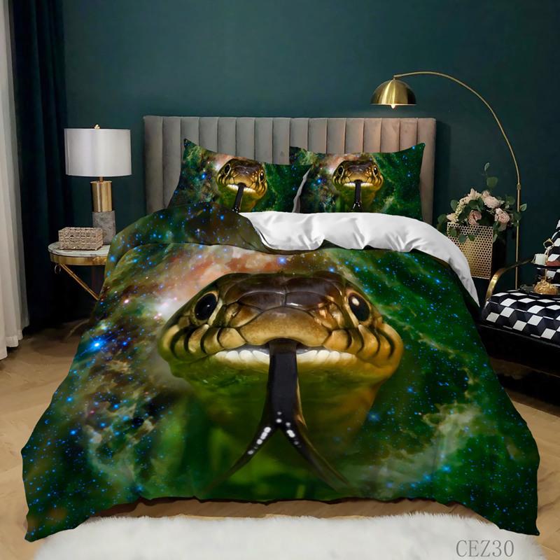 Snake Duvet Cover 3D Reptile Print Bedding Set Queen Size For Kids Adults Living Room Decor Green Snake Cobra Comforter Cover