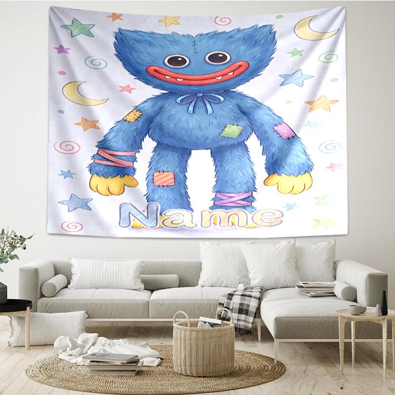 Custom Name Huggy Wuggy Print Tapestry, Backdrop, Easy Setup, Ideal for Bedroom, Office & Living Room, with Aesthetic Wall Hanging Decor.