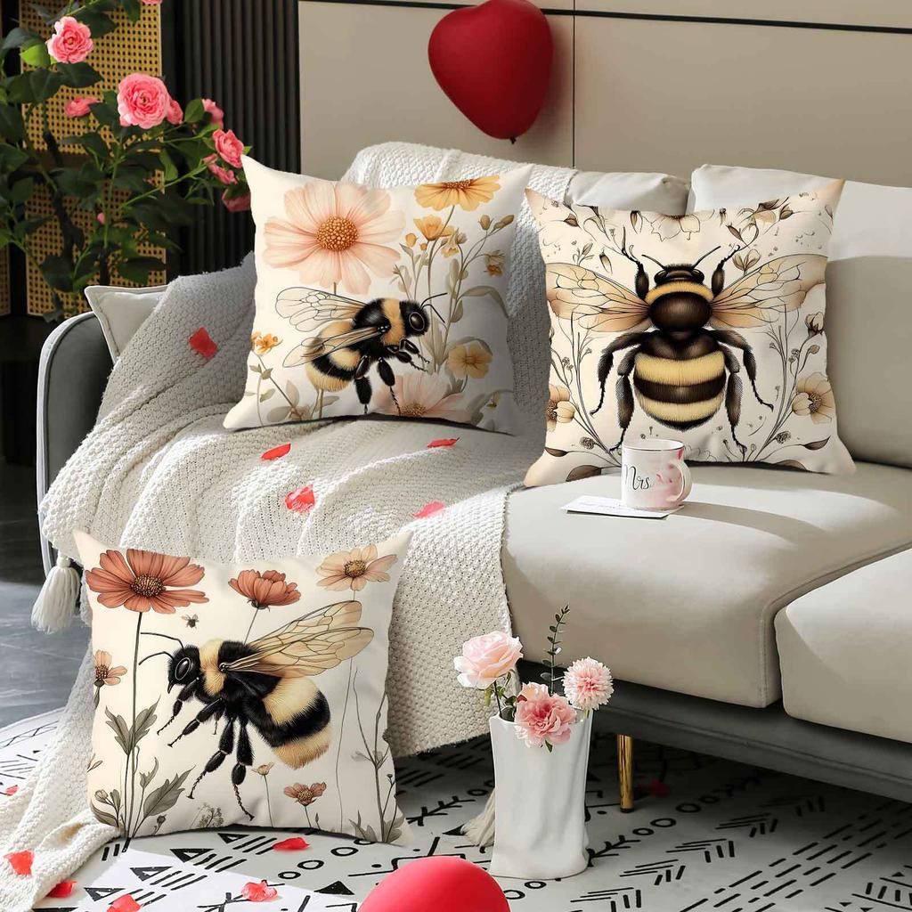 Cute Bee And Flower Pattern Digital Printing Pillow Cover Short Plush Suitable Living Rooms Bedrooms Sofas Throw Cushion Cover
