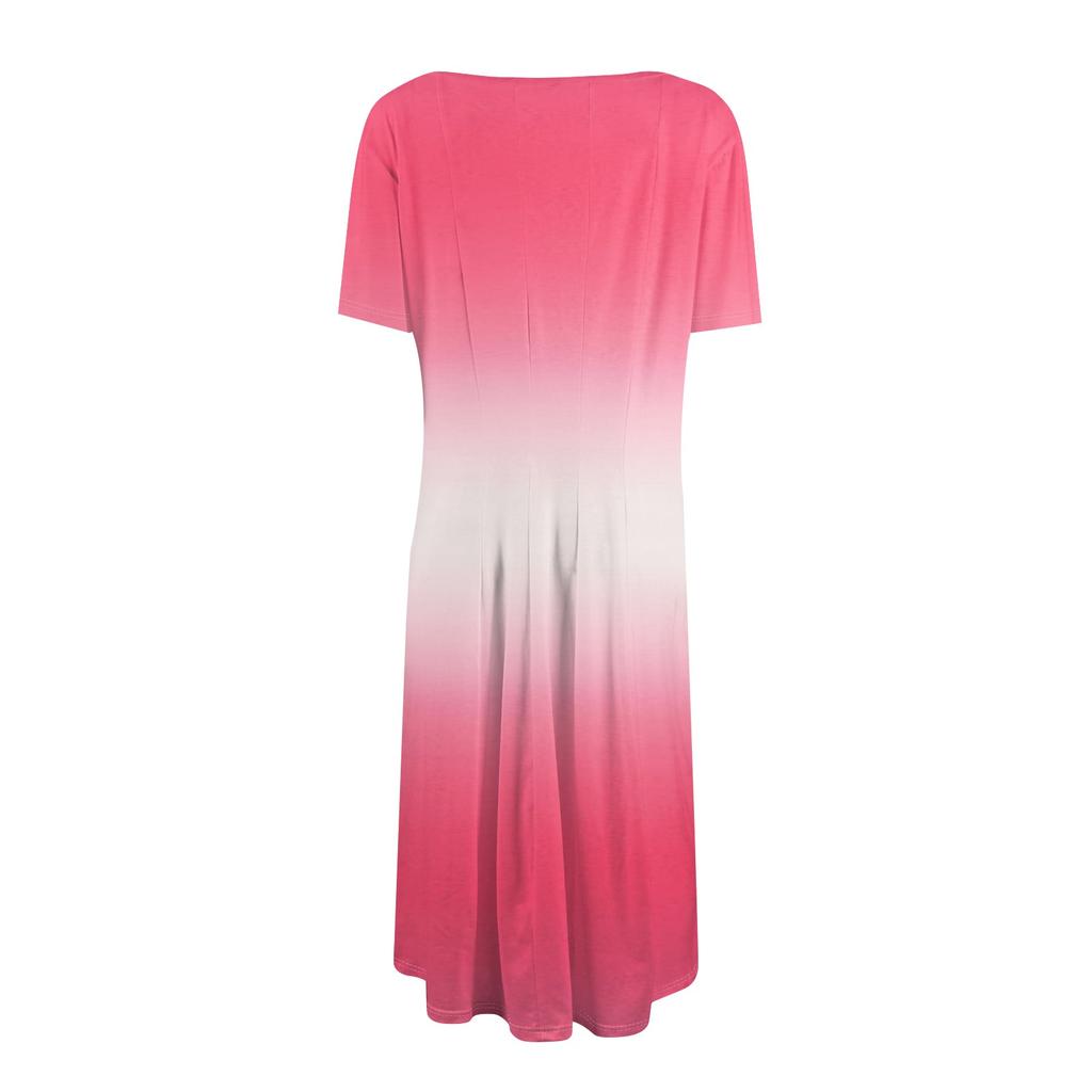 Ladies Casual Fashion Round Neck Short Sleeve Mid-Length Gradient Dress