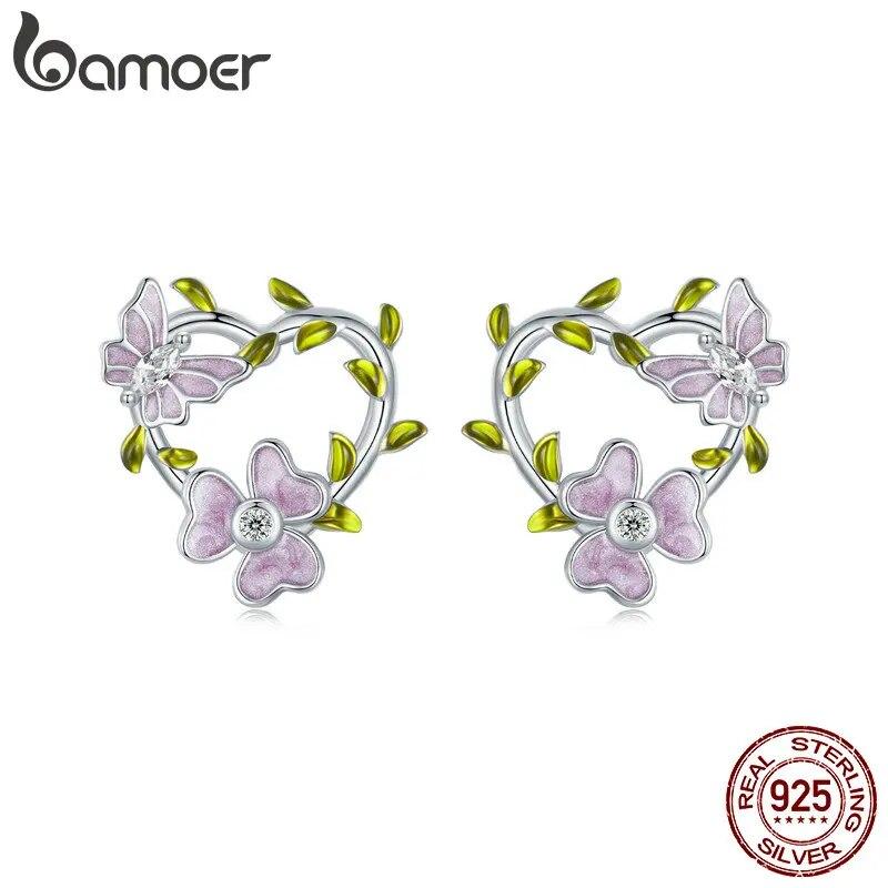 Серьги-гвоздики Bamoer из стерлингового серебра 925 пробы с цветком глицинии и бабочкой, серьги-гвоздики с сердцем и виноградной лозой для женщин и девочек, романтические изящные ювелирные изделия