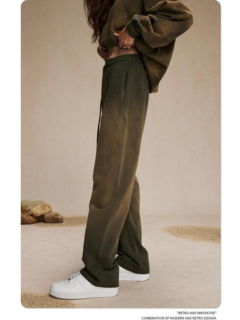 Autumn 2024 Retro Washed Distressed Spray Dye Sweatpants for Men - Loose Fit with Drawstring