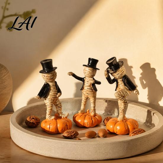 Halloween Sand Table Landscaping Dancing Mummy Figurines with Pumpkin Base Funny Gentleman Top Ornament Hat Statue Spooky Tabletop Decor for