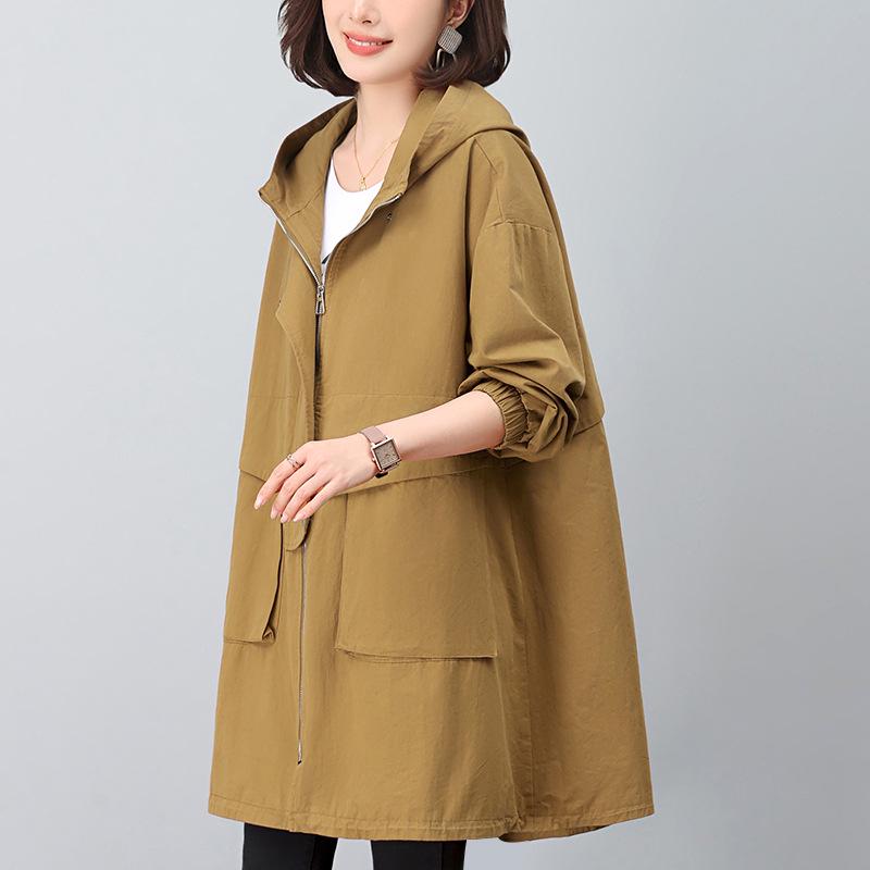 Тренч миди с капюшоном больших размеров для женщин 2024: Свободная, повседневная и модная верхняя одежда в весенне-осеннем стиле для мам.