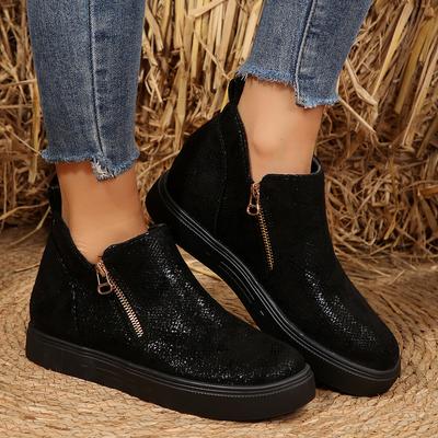 Модные Сексуальные Черные Блестящие Туфли Кэжуал с Змеиным Принтом Женские 2025 Лето Двойная Застежка-Молния Декорация Круглый Носок Низкий Каблук Ботильоны Панк Кроссовки