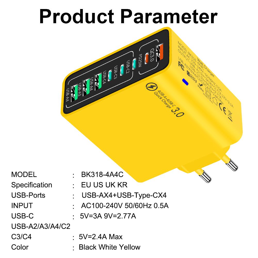 Настенный адаптер 8 портов 4USB 4 Type-C зарядное устройство PD QC3.0 USB быстрая зарядка мобильного телефона быстрая зарядка для Xiaomi Samsung