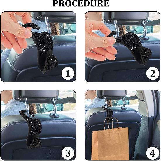 2 Pack Car Hooks, New Bling Rhinestones Crystal Hooks Car Decorations Auto Seat Back Organizers Strong and Durable Backseat Hanger Storage Universal