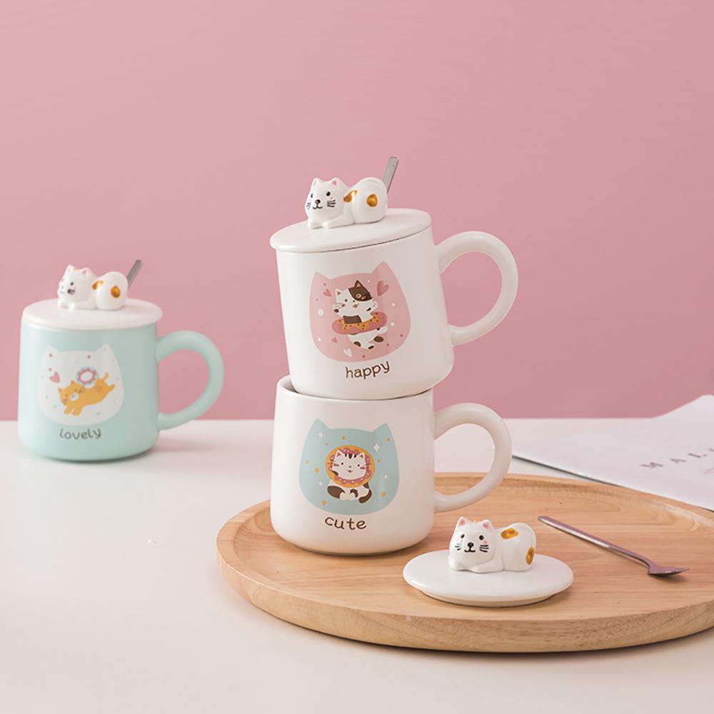 Мультяшная милая керамическая кружка с крышкой, ложкой, молочная кофейная чашка, креативный и практичный подарок, кружки для воды, молока, сока, напитков