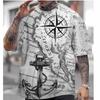 Vintage Compass Pattern T Shirt for Men Retro Map 3D Printed Summer Casual T-Shirts