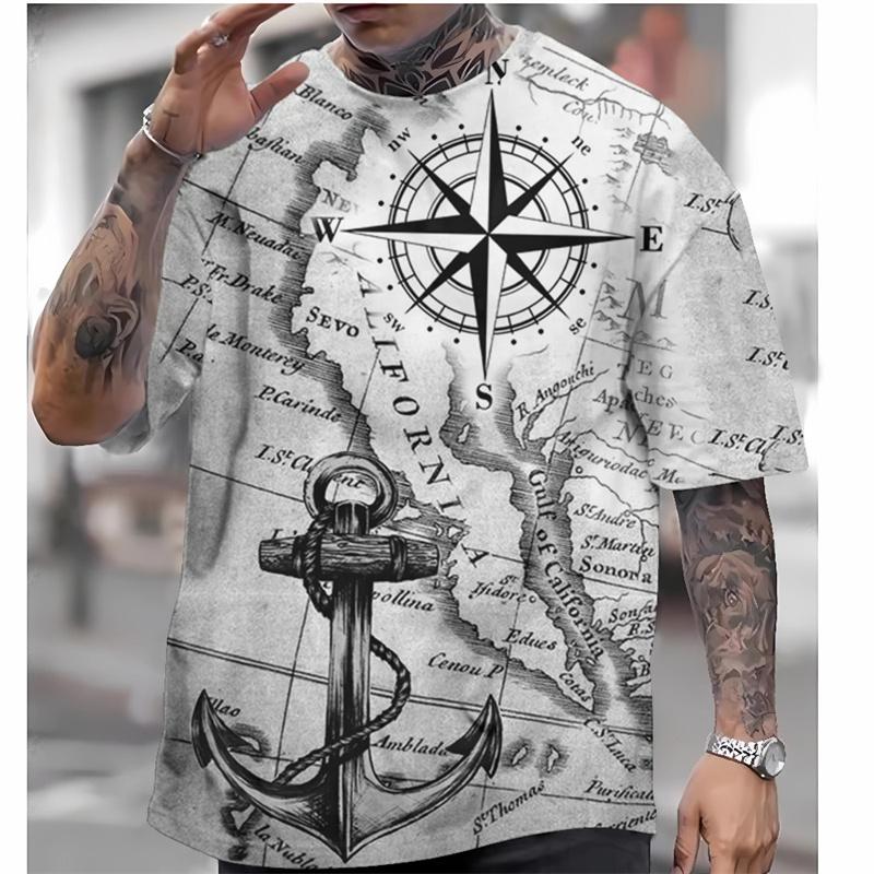Vintage Compass Pattern Men's T-shirts Retro Map 3D Printed T-Shirts Summer Casual Oversized Short Sleeve Tees Round Neck Tops