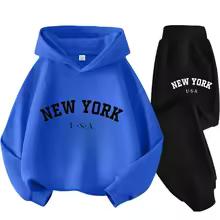 Autumn Warm New York Letter Cool Graphic Print Children Long Sleeve Hoodie +pant Suit 2pcs Set Sweatshirt Boy Girl Kid Sportwear