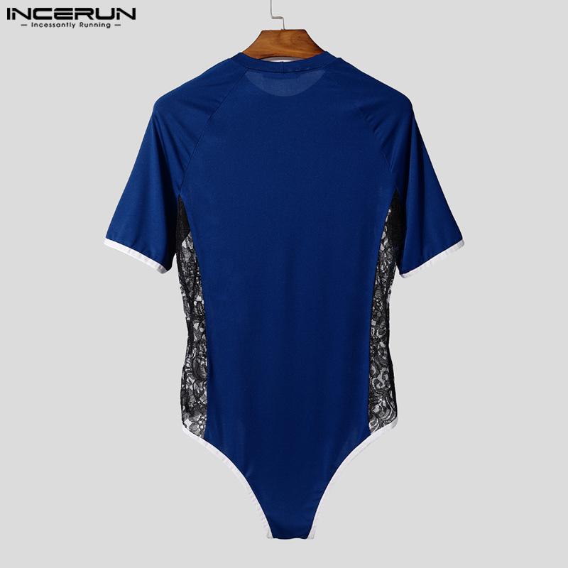 INCERUN Мужские комбинезоны с коротким рукавом, пэчворк с боковой шнуровкой, облегающие ромперы, домашняя одежда