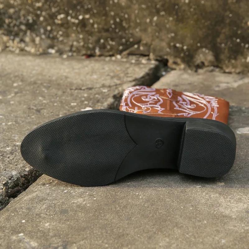 Модные ковбойские сапоги в стиле вестерн с острым носком и толстым каблуком для женщин, ретро-ботинки с V-образным вырезом и вышивкой, коричневые рыцарские ботинки, женская обувь