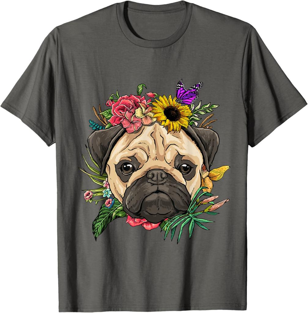 Pug Face Flower Crown Butterfly Graphic Tee Soft Cotton Casual Trip T-Shirt