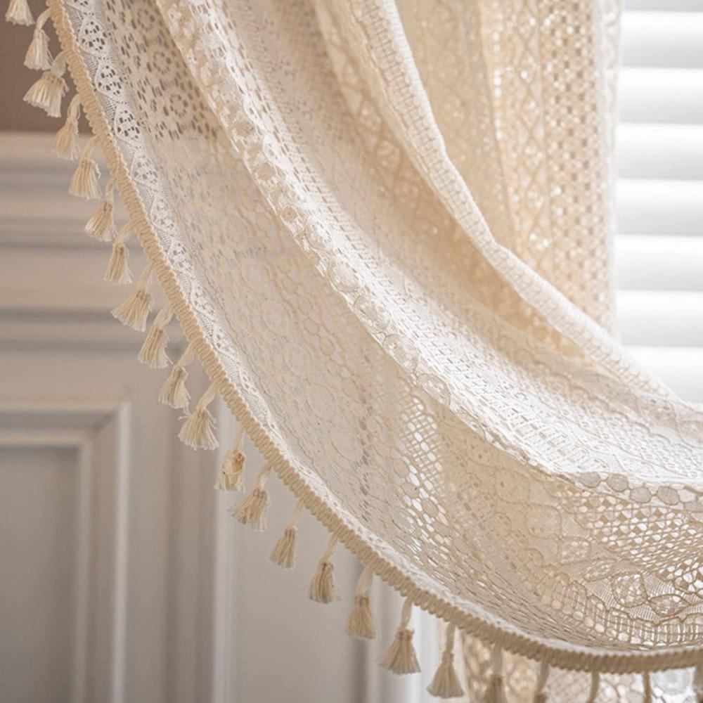 Tassels Cotton Curtain Beige Hollow Curtain Romantic Crochet Curtain  Drapes