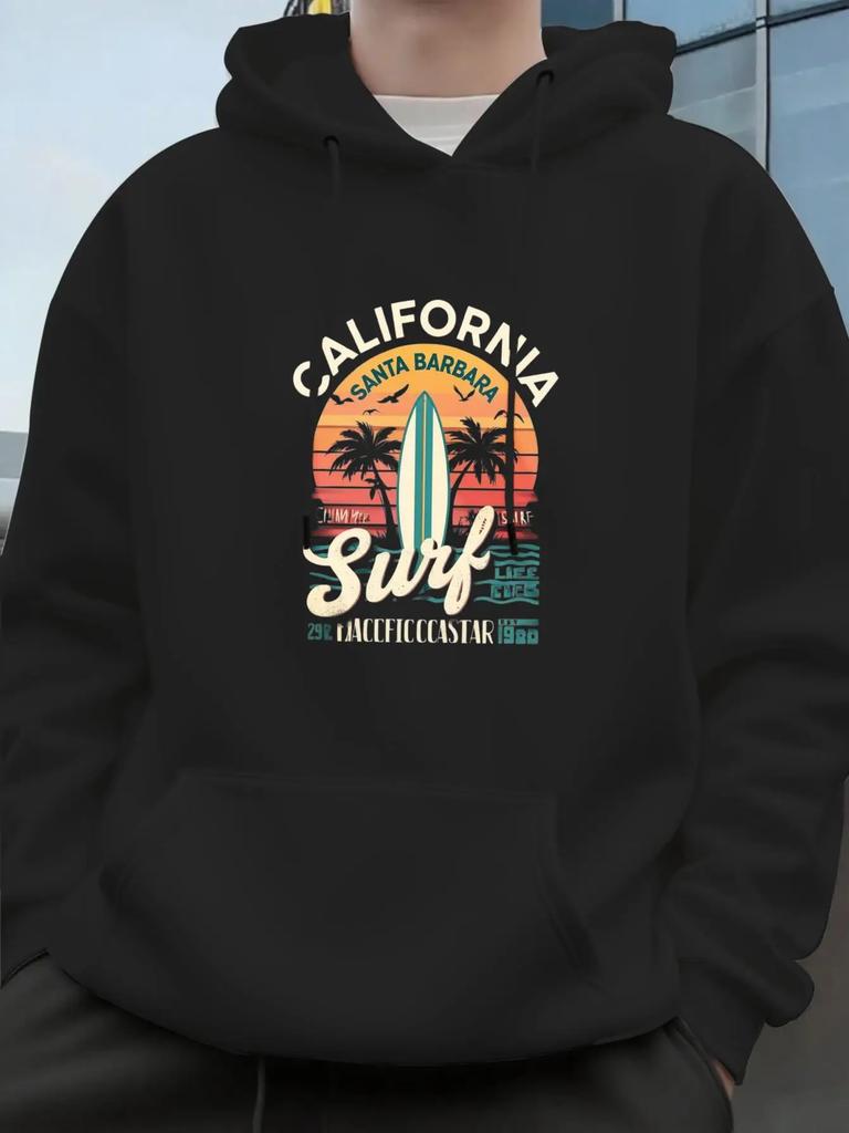 Men Women Centered Round Sunset Surf Print Hoodie Large Arch California Font Lightweight Daily Casual Hooded Top