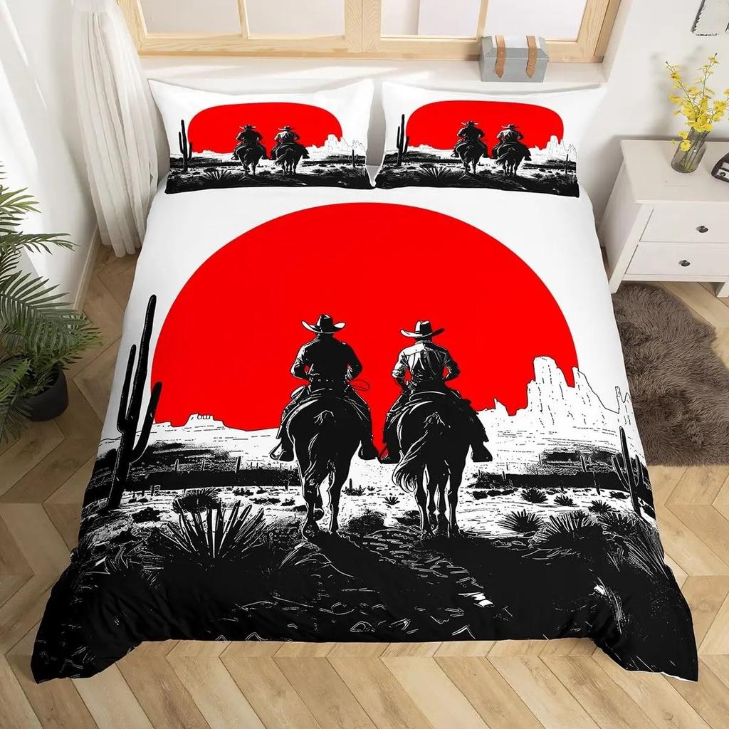 Western Cowboy Duvet Cover Set Twin Size,Horseshoe Stars Cowboy Hat Pattern Comforter Cover Rustic Vintage Southwest Bedding Set