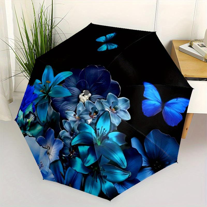 1pc Blue Floral Butterfly Automatic Open/close Folding Umbrella, Compact Portable Travel Umbrella,Durable Construction yy250814158