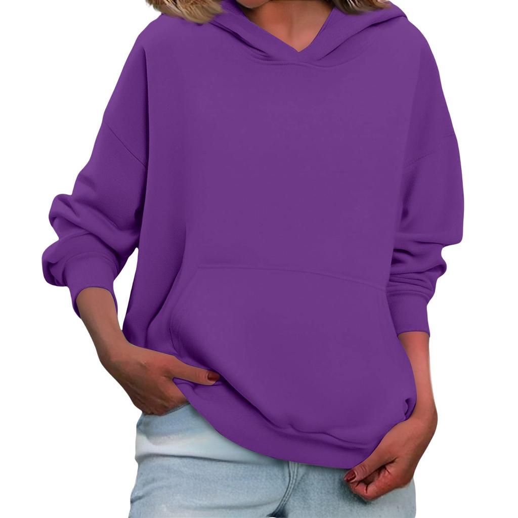 Women's Loose Long Sleeved Solid Color Casual Fleece Pullover Hooded Sweatshirt
