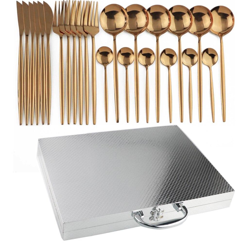 24Pcs Black Dinnerware Set Luxury Cutlery Set 304 Stainless Steel Dinner Set Fork Spoon Knife Tableware Silverware With Gift Box