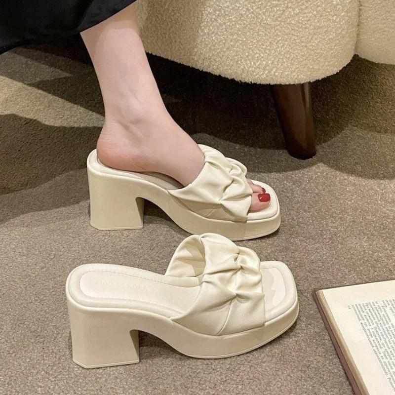 Fashion Summer High-heeled Casual Women Fish Mouth Shoes Ladies Shoes On Sale Fashion New Square Toe Anti-wrinkle Women's Slippers