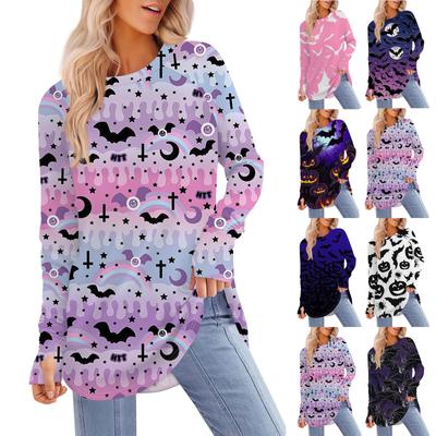Женская футболка с принтом Хэллоуина, с круглым вырезом, свободная, с длинным рукавом, средней длины, с отсутствующим большим пальцем