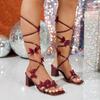 Fashion Fashion Women's Wine Red High Heel Sandals Butterfly Decor Thick Heeled Party Shoes Woman Square Toe Ankle Strap Dress Sandalias