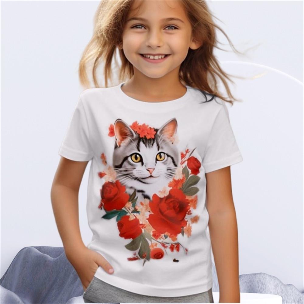 Детская одежда для мальчиков и девочек Футболка с принтом 3D Cat и короткими рукавами, топ с круглым вырезом