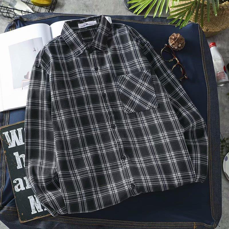 Рубашка унисекс с длинным рукавом в гонконгскую клетку: Модный, свободный крой, ретро-корейский стиль на все времена года