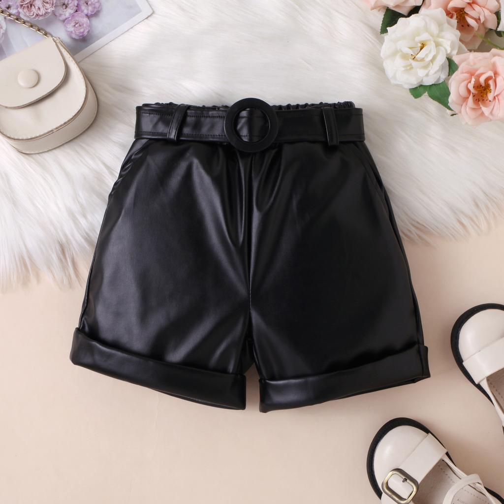 Модный комплект для девочек, летний детский повседневный топ без рукавов с халтернеком, кожаный пояс, комплект из трех предметов