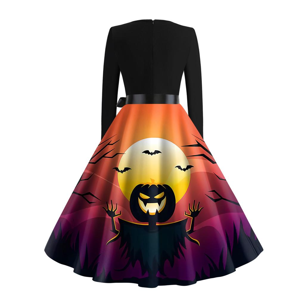 Женское винтажное классическое платье с вырезом на талии и галстуком-бабочкой с длинными рукавами на Хэллоуин с принтом и V-образным вырезом, свободное платье