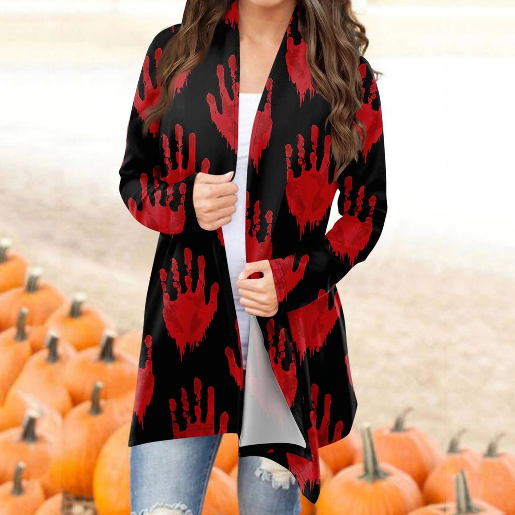 Женский модный повседневный кардиган средней длины с принтом на Хэллоуин, куртка, пальто
