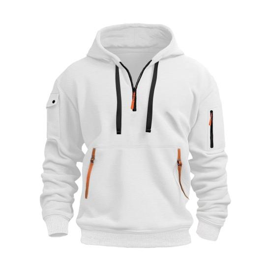 Men Fall Winter Hoodie Solid Color Drawstring Long Sleeves Half Zipper Arm Pocket Strap Decor Hooded Loose Daily Wear Casual Sport Top