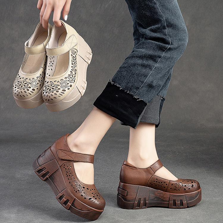 Johnature Туфли на платформе с толстой подошвой и круглым носком, женские винтажные удобные сандалии на танкетке из натуральной кожи