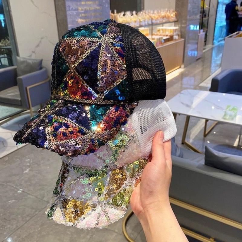Sparkly Colorful Sequined Baseball Cap Breathable Mesh Back Adjustable Size for Beach Holiday Travel Wear