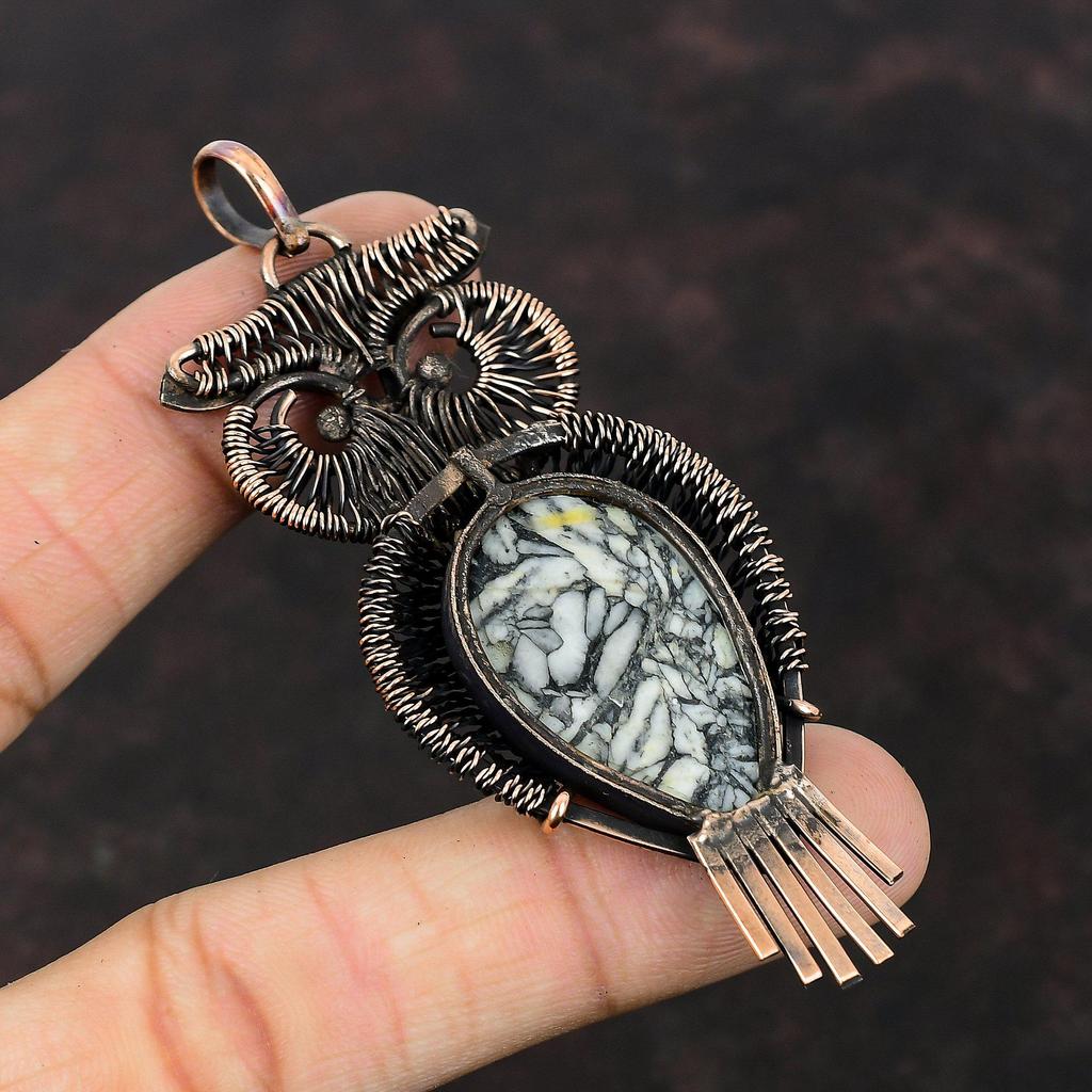 Pinolith Jasper Pendant Copper Wire Wrapped Pendant Handmade Pendant Copper Jewelry Owl Gemstone Pendant Wire Wrapping Jewelry Gift For Wife