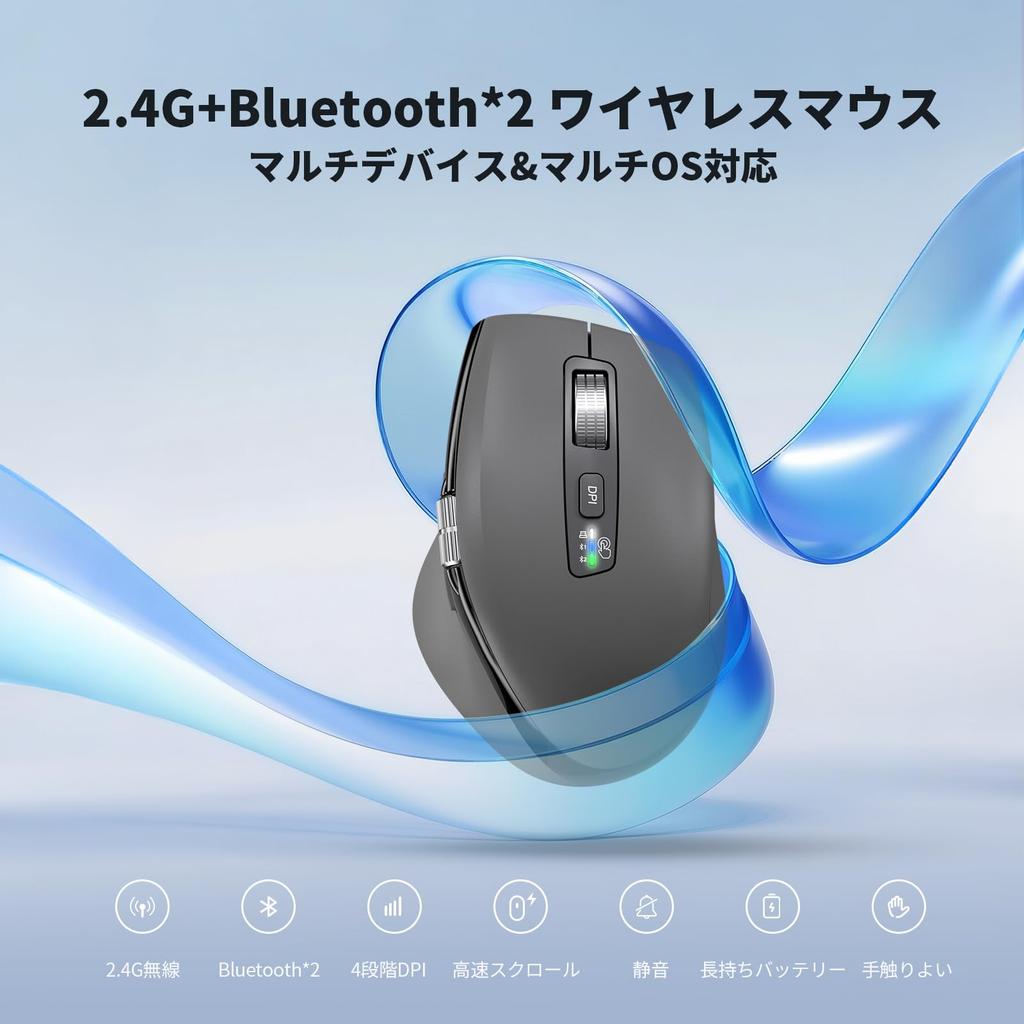 Беспроводная Bluetooth-мышь INFINMIND с быстрым DPI, боковой кнопкой для большого пальца, серая, Переключение, Прокрутка, Многоустройственная и Совместимая, Эргономичная, Бесшумная,