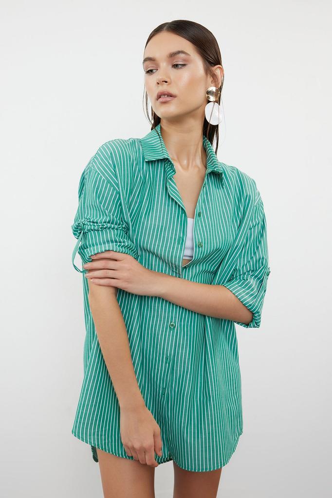 Women's Style Shirt Green Striped Woven Shirt