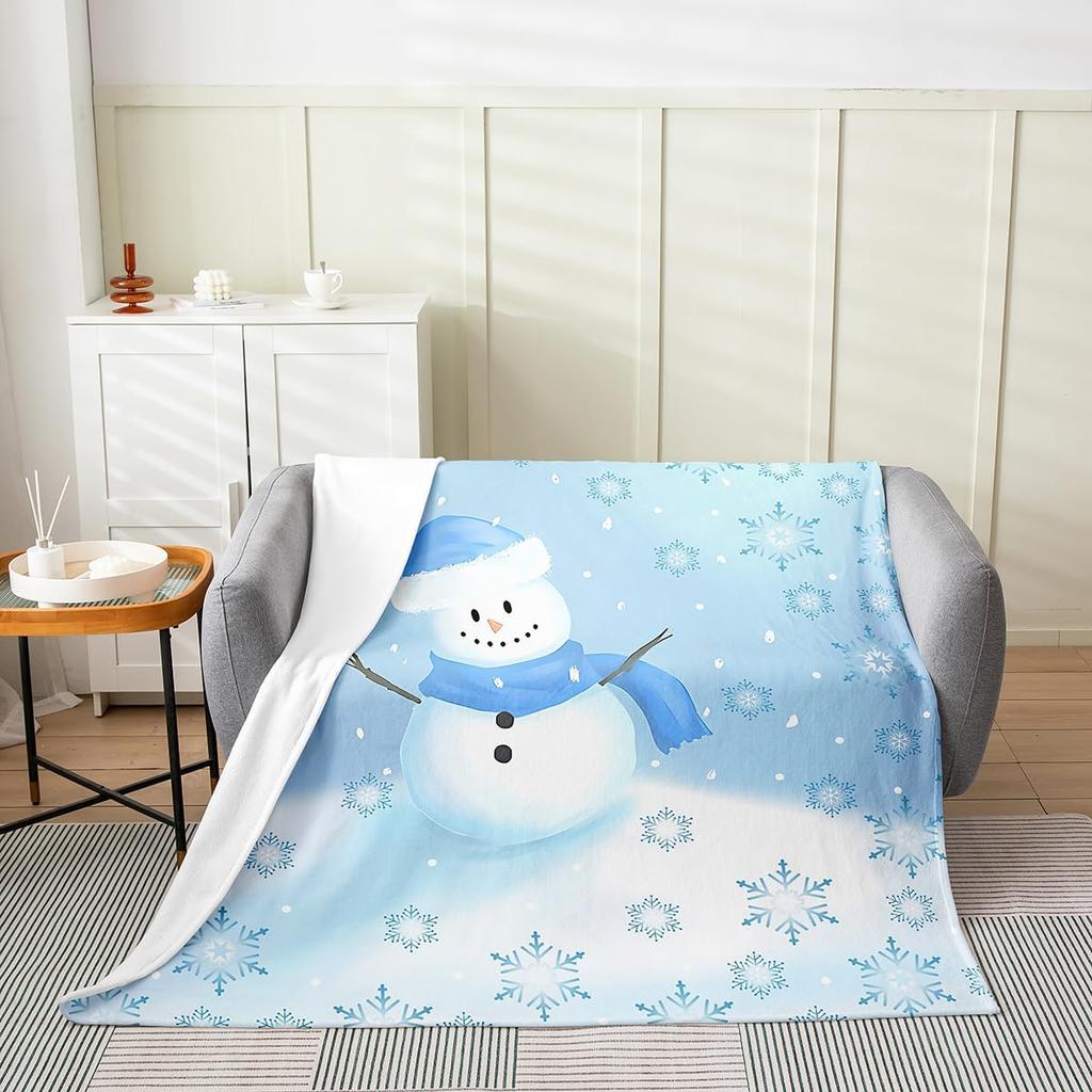 Winter Snowman Throw Blanket Cartoon Farmhouse Rustic Style Flannel Blanket for Kids Teens Adults Watercolor Pine Trees White