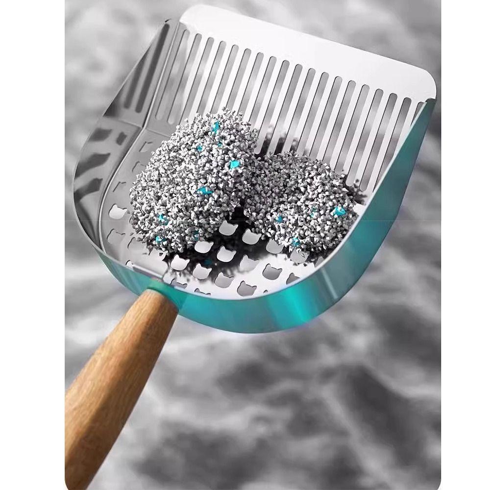 2 in 1 Cat Litter Scoop Stainless Steel Wood Handle Cat Poop Sifting Tool Hollow Out Comfortable Grip Pet Waste Shovel