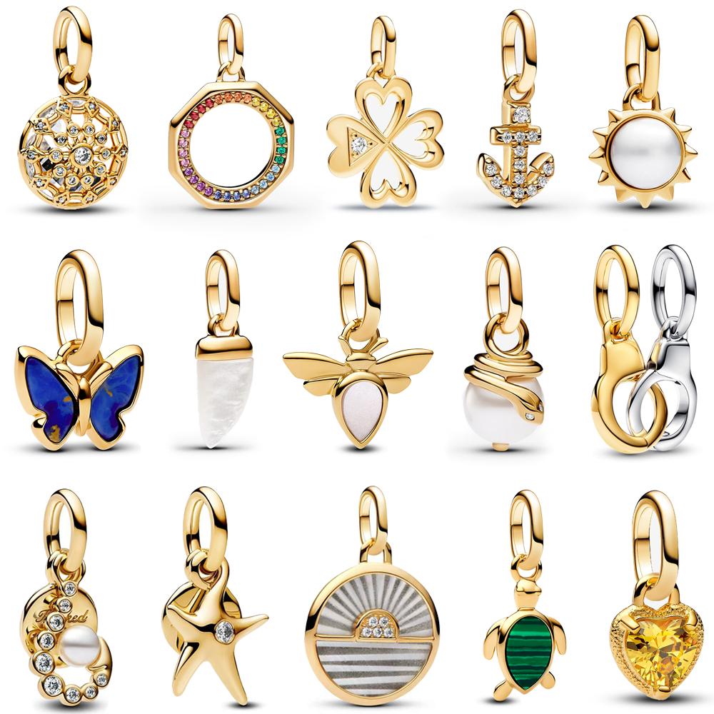 Милый радужный медальон и якорь мини и зуб акулы для мини-подвески из меди золотого цвета, подходит для браслета бренда Me