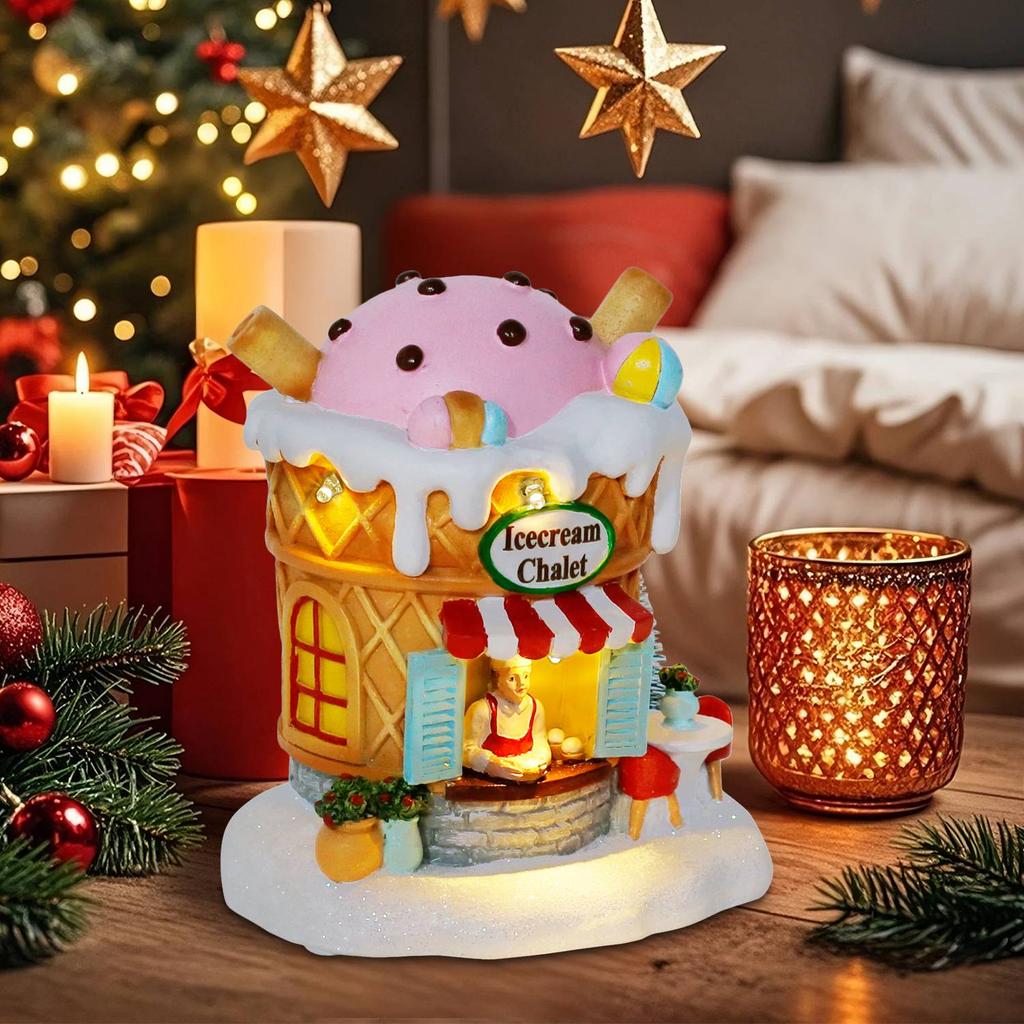 Подсвечиваемый Пряничный домик Рождественский декор Шале с мороженым Коллекционное здание Магазин Фигурки для праздничного домашнего интерьера