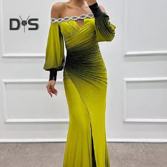 Женское вечернее платье с открытыми плечами, ажурное свадебное платье со стразами, обтягивающее плиссированное выпускное платье макси с длинными рукавами-фонариками, разрезом по низу, контрастный цветной шар